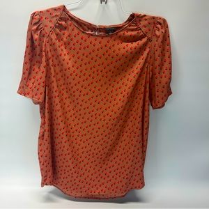 Ann Taylor Tan Satin Short Sleeve Blouse with Red Polka Dots
